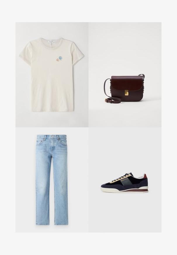 Vaaleanbeige puuvillainen t-paita, jossa on pyöreä kaula-aukko ja lyhyet hihat. Sisältää pieniä brodeerattuja simpukkakuvioita pastelliväreissä.; Vaaleansiniset farkut suoralla leikkauksella, viisi taskua, nappi- ja vetoketjukiinnitys sekä hieman haalistunut pinta.; Navy suede sneakerit bež ja tume siniste aktsentidega. Omab valget kummitalda ja kuldset brändimärki küljel. Klassikaline sportlik disain.; Ruskea nahkainen laukku, jossa on läppäkiinnitys, kultaiset yksityiskohdat ja säädettävä olkaimet. Ominaisuuksiin kuuluu sileä pinta ja tyylikäs suorakulmainen muoto.