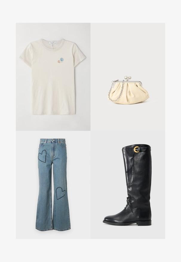 Hellbeige Baumwoll-T-Shirt mit Rundhalsausschnitt und kurzen Ärmeln. Verfügt über kleine gestickte Muschel-Designs in Pastellfarben.; Hellblaue Jeans mit schmalem Schlag, die vorne zwei dunkelblaue Herzpatches aufweisen. Klassisches Fünf-Taschen-Design mit Knopfverschluss.; Schwarzer Lederstiefel bis zum Knie mit runder Zehenpartie, schnürbarem Vorderteil, seitlichem Detail und einer goldenen Akzentgürtel am oberen Ende. Glatte Textur.; Faltige beigefarbene Ledertasche mit einem silbernen Metallrahmen, ausgestattet mit zwei runden dekorativen Verschlüssen und einem silbernen Kettenriemen.