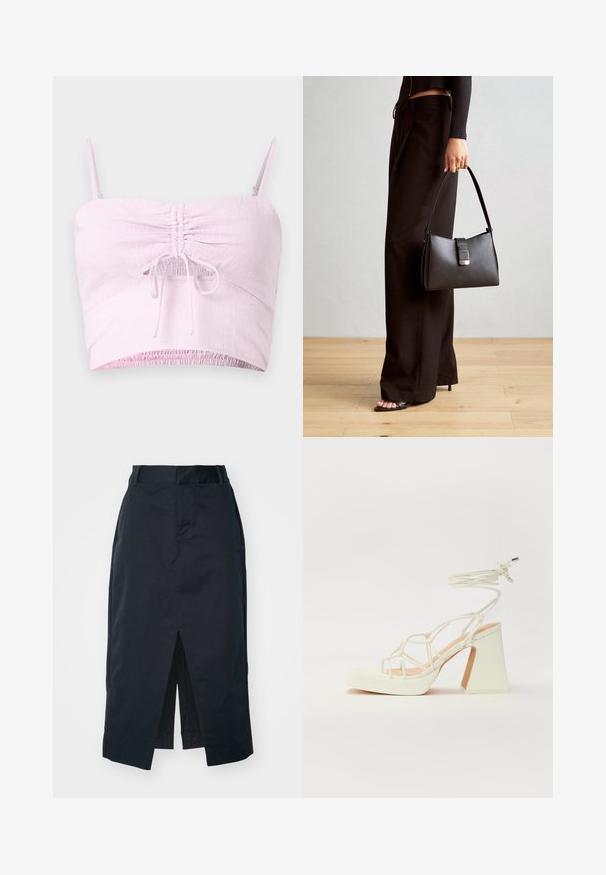 Heled roosa lühike topp reguleeritavate spagetti rihmadega, voodrilise esiosa detailiga ja elastse hemiga. Tekstureeritud kude lisab pehmust.; Tumedast meresinine midi-seelik, mis on valmistatud puuvilla segust, sisaldab ees olevat lõhet, varjatud lukku ja külgtaskuid funktsionaalsuse jaoks.; Valged kõrge kontsaga sandaalid, millel on paks konts ja rihmadega disain koos pahkluu sidumisega. Sile tekstuur ja platvorm ees, et lisada kõrgust.; Must musta kott, millel on struktureeritud kuju, sile tekstuur ja metallist klamber. Kombineeritud laiate mustade pükstega ja avatud varvaste sandaalidega puidust põrandal.
