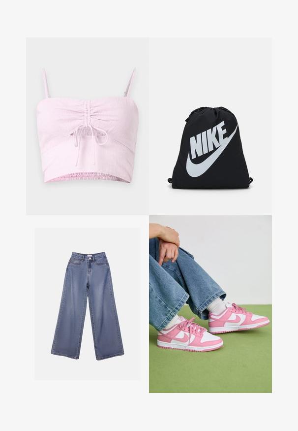 Lichtroze cropped top met verstelbare spaghettibandjes, gerimpeld voorpand en elastische zoom. De textuur van de stof voegt zachtheid toe.; Lichte blauwe wijdlopende denim jeans met een hoge taille, voorzakken en een knoopsluiting met riemlussen.; Roze en witte Nike sneakers van leer en mesh materialen, met contrasterende ontwerpen, ronde neus en bijpassende roze veters en accenten.; Zwarte trekkoordtas met een groot wit Nike-logo. Gemaakt van lichtgewicht stof met een gladde textuur en een ronde vorm.