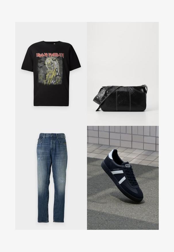 Tricou din bumbac negru, cu un design grafic al unei figuri scheletice cu accente galbene și textul "Iron Maiden" în roșu, cu guler rotund.; Jeans din denim cu o culoare albastră decolorată, design cu picior dreapta, uzură moderată pe partea din față și un stil clasic cu cinci buzunare.; Sneaker din piele neagră cu dungi albe, talpă din cauciuc texturat și șireturi. Prezintă un eticheta de marcă pe limbă.; Geantă de umăr din piele neagră cu închidere cu fermoar, având un corp texturat, cusături albe și o curea cu ochiuri argintii.
