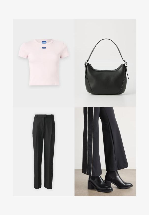 Ροζ κοντομάνικη μπλούζα φτιαγμένη από πλεκτό ύφασμα, με δύο μπλε ετικέτες λογότυπου "HUGO" στο μπροστινό μέρος. Βασικός σχεδιασμός με στρογγυλή λαιμόκοψη.; Μαύρα κομμένα παντελόνια από ελαφρύ ύφασμα, με ίσια γραμμή, επίπεδο μπροστινό μέρος και θηλιές ζώνης. Λείο υφή χωρίς εμφανή σχέδια.; Μαύρες δερμάτινες μπότες μέχρι τον ασρό με τετράγωνη φτέρνα, που διαθέτουν ελαστικές πλάγιες ρίγες. Συνδυασμένες με μαύρο παντελόνι που έχει λευκή πλαϊνή ρίγα.; Μαύρη δερμάτινη τσάντα χειρός σε κυρτή μορφή, με ασημένιο φερμουάρ και κοντό χερούλι. Διαθέτει διακριτό λογότυπο εμπρός και λεία υφή.