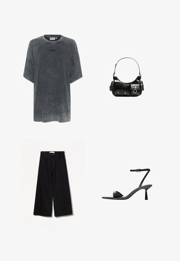 Oversized grey T-shirt made of soft fabric with a textured finish. Features a round neckline and an embroidered logo on the chest.; Bershka WIDE-LEG - Wide Leg - black; Bershka High heeled sandals - black; Black patent leather handbag with a curved shape, one shoulder strap, front pockets, and silver-tone hardware accents.