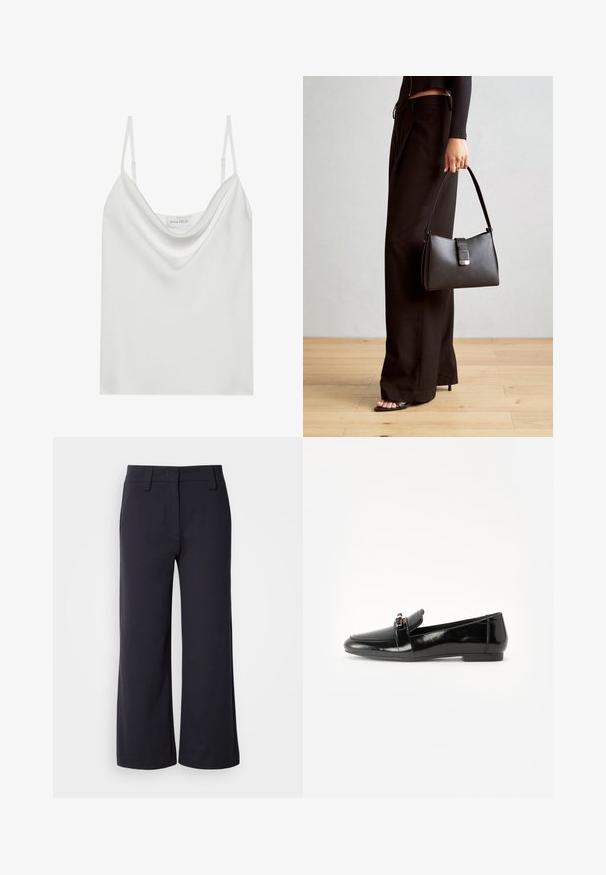 Camisola de cetim branca com decote drapeado, alças finas ajustáveis e bainha reta. A etiqueta "ANNA FIELD" é visível no interior.; Calças largas de tecido azul marinho escuro. Apresentam uma frente lisa, passantes para cinto e bolsos laterais. O material é suave com um ligeiro alongamento.; Mocassim em cabedal preto brilhante com sola plana, bico arredondado e uma faixa decorativa com um detalhe em tom dourado. Acabamento liso e cintilante.; Bolsa preta com forma estruturada, textura suave e um fecho metálico. Combinada com calças largas pretas e sandálias de salto aberto sobre um chão de madeira.