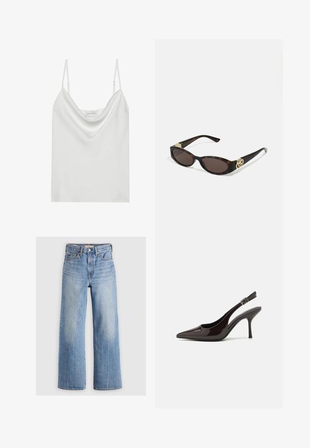 Balts satīna krekliņš ar drapētu dekoltē, plāniem regulējamiem plecu siksniņām un taisnu apakšu. Uz iekšpuses redzama etiķete "ANNA FIELD".; Gaiši zili denima plati kāju džinsi ar augstu jostasvietu, izbalējušām vietām, piecām kabatām un kontrastējošiem šuvumiem. Klasiska pogas un rāvējslēdzēja aizdare.; Slingback augstpapēžu kurpe ar spīdīgu tumši brūnu lakotu ādu, ar norādītu purngalu, atvērtām pusēm un regulējamu potītes siksniņu.; Tīģerbrūnā sauļošanās brillēm ar izstieptām ovālām lēcām, brūnu tonējumu, zeltītiem logotipa akcentiem uz tempļiem un plānām melnām kājām.; Burgundijas rokassoma ar izliekta siluetu un īsu siksniņu, ar zelta rāvējslēdzēju un smalku Calvin Klein logotipu priekšā.