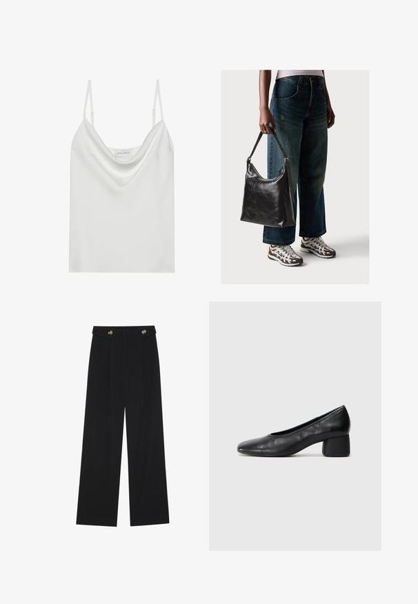 Weiße Satin-Camisole mit drapiertem Ausschnitt, dünnen verstellbaren Trägern und geradem Saum. Das Etikett "ANNA FIELD" ist sichtbar innen.; Schwarze weite Hosen mit hoher Taille, Knopfdetails am Bund und vorderen Falten.; Schwarze Lederpumps mit runder Zehenpartie und mittelhohem Blockabsatz. Glatte Textur mit minimalen Details, ausgestattet mit einem dezenten elastischen Einstieg.; Schwarze Leder-Schultertasche mit glatter Textur und verstellbarem Riemen, kombiniert mit ausgewaschenen weit geschnittenen Jeans und sportlichen Sneakern.