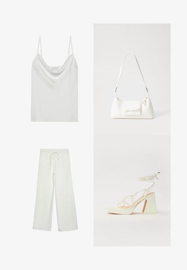Weiße Satin-Camisole mit drapiertem Ausschnitt, dünnen verstellbaren Trägern und geradem Saum. Das Etikett "ANNA FIELD" ist sichtbar innen.; Weiße, weit geschnittene Hose aus weichem Stoff. Mit einem elastischen Bund und einem Kordelzug sowie einer glatten Oberfläche. Keine sichtbaren Muster oder Hardware.; Weiße High-Heel-Sandale mit einem klobigen Absatz, die über ein Riemchendesign und ein Knöchelband verfügt. Glatte Textur mit einer Plattform vorne für zusätzliche Höhe.; Weiße synthetische Handtasche in dreieckiger Form, flache Vorderklappe und Schleifendetail, verstellbarer Trageriemen, glatte Textur und minimalistisches Design.