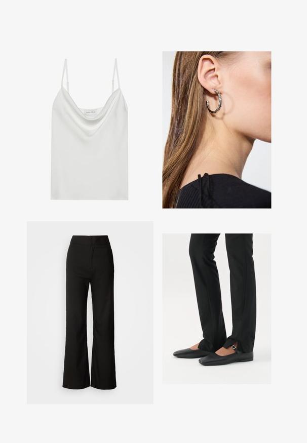 Hvit sateng camiskjorte med drapert halslinje, tynne justerbare stropper og rett kant. Merket "ANNA FIELD" er synlig inni.; Sorte vidde-bukser med glatt tekstur, høy midje og et rent design. Ingen synlige lommer eller pynt.; Svart skinnballett-sko med spiss tå, stropp med sølvspenne, kombinert med svarte skreddersydde bukser med splitt i kanten.; Sølv ringøredob med en polert finish, med små gull detaljer og en rund form, båret på øreflippen.