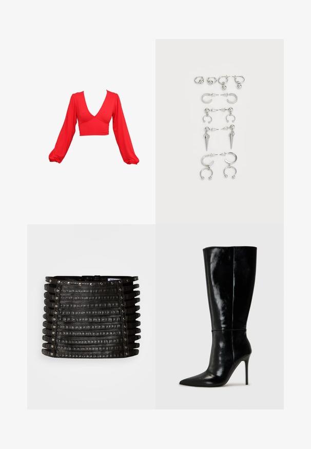 Rød cropped top med dyb V-hals, lange puffærmer og samlingseffekter ved taljen. Lavet af et glat, strækbart stof.; Sort lædernederdel i minilængde med vandrette stropdetaljer og sølvnitter langs den øverste kant og de lodrette sider.; Sorte læderknælange støvler med spids tå og høj stilettohæl. Glat tekstur og slank design, med minimalt detaljer.; Sæt med sølvøreringe med forskellige designs: hoops, studs og hængende stilarter, med kugleaccenter og spidse elementer.