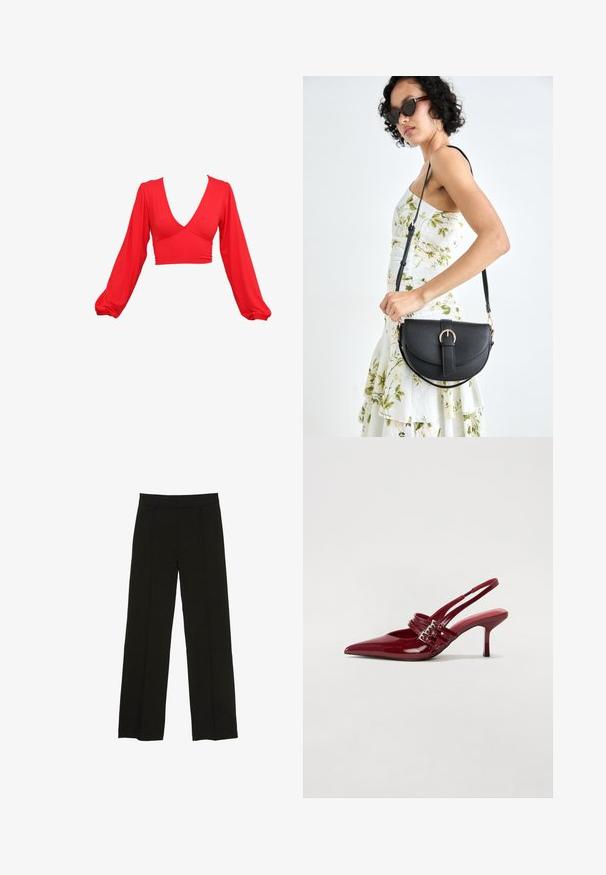Red cropped top with a deep V-neck, long puff sleeves, and gathered accents at the waist. Made from a smooth, stretchy fabric.; Black wide-leg trousers made from a smooth fabric, featuring a fitted waistband and subtle front pleats for added texture.; Red patent leather slingback heels with a pointed toe, two buckle straps, and a slim, mid-height stiletto heel. Smooth texture.; Black leather handbag with a curved shape, detachable strap, and gold hardware. The bag features a flap with a buckle detail.