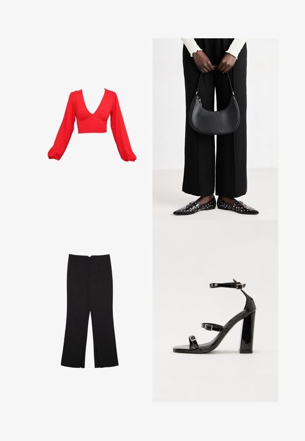 Rød cropped top med dyb V-hals, lange puffærmer og samlingseffekter ved taljen. Lavet af et glat, strækbart stof.; Sorte bukser med lige pasform, der har frontlommer og slidser i kanten. Lavet af blødt, glat stof. Velegnet til forskellige anledninger.; Sorte patenterede hælsandaler med firkantet tå, ankelremme og sølvspænder. Har en chunky blokHæl for stabilitet.; Sort læder skuldertaske med rund form, glat finish og sølv hardware. Person iført sorte brede bukser og nitter loafers.