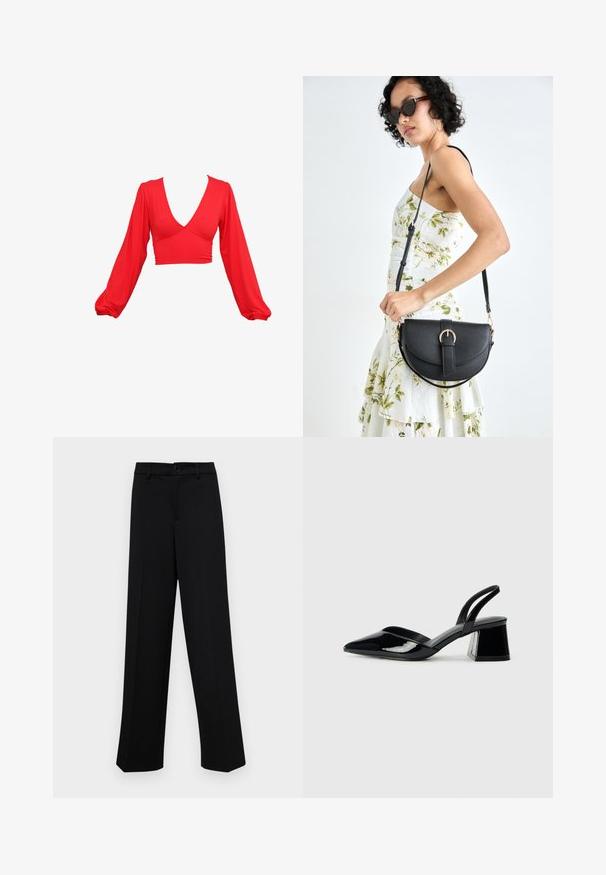 Red cropped top with a deep V-neck, long puff sleeves, and gathered accents at the waist. Made from a smooth, stretchy fabric.; Black wide-leg trousers made of smooth fabric, featuring a classic waistband with a button closure and front pleats.; Black patent leather slingback heels with a pointed toe and a geometric block heel. Features a sleek, minimal design and smooth texture.; Black leather handbag with a curved shape, detachable strap, and gold hardware. The bag features a flap with a buckle detail.