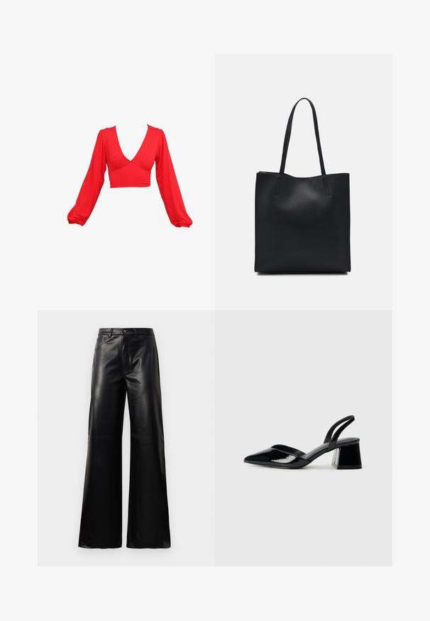 Sarkans īss tops ar dziļu V veida kakla izgriezumu, gariem pūkainiem piedurknēm un savilktām akcentiem viduklī. Izgatavots no gludas, elastīgas auduma.; Melnas augstās jostas platajās kājās sintētiskās ādas bikses ar priekšējo pogu, rāvējslēdzēju, jostas cilpām un sānu kabatām uz baltā fona.; Melna lakota āda ar atvērto papēdi, ar smailu purngalu un ģeometrisku blokpapēdi. Iezīmējas elegants, minimāls dizains un gluda tekstūra.; Melnas ādas somiņa ar gludu tekstūru, taisnstūra formu un divām garām rokturiem. Nav redzamu aparatūras vai rotājumu.