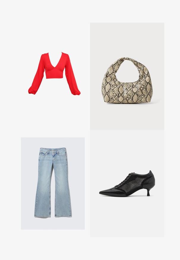 Top corto rojo con un profundo escote en V, mangas largas abullonadas y detalles recogidos en la cintura. Fabricado con una tela suave y elástica.; Weekday NOVA - Vaqueros slim fit - lip blue; Zapato negro de punta afilada con un diseño de panel de malla, que presenta un tacón bajo y cordones en la parte delantera. Está fabricado con una combinación de cuero y material de malla.; Bolso de mano con estampado de serpiente y asa curvada. Hecho de materiales texturizados en tonos beige y marrón, con un patrónen diamante distintivo.