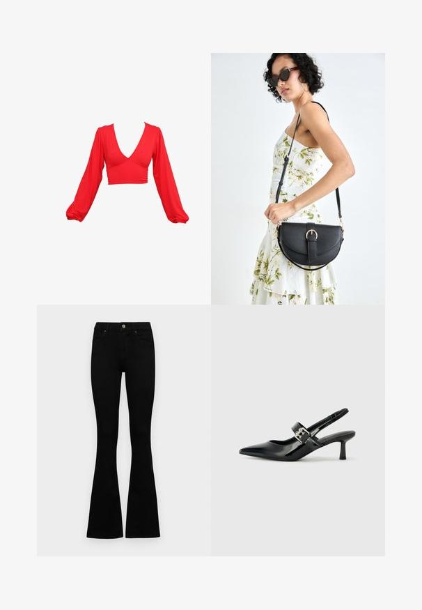 Czerwony krótki top z głębokim dekoltem w kształcie litery V, długimi bufiastymi rękawami i marszczeniami w talii. Wykonany z gładkiego, elastycznego materiału.; Czarne, wysokie dżinsy z guzikem i zamkiem błyskawicznym, z przednimi kieszeniami i rozszerzanymi nogawkami, leżące płasko na białym tle.; Czarne lakierowane szpilki slingback z wąskim noskiem i małym słupkiem, z ozdobnym srebrnym klamrą na pasku.; Czarna skórzana torebka o zakrzywionym kształcie, z odpinanym paskiem i złotymi akcentami. Torebka posiada klapę z zapięciem w kształcie klamry.
