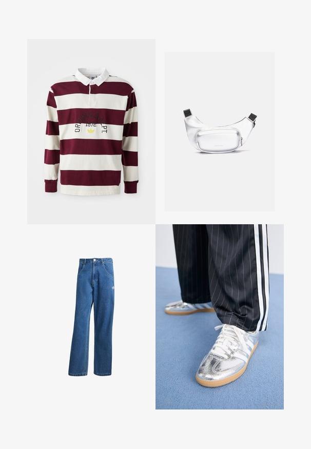 Polo de manga longa às riscas em bordo e branco com colarinho branco. Apresenta texto e emblema bordados na frente. Material em algodão.; Calças de ganga azul com cintura alta e perna larga, com bolsos frontais, passadores de cinto, fecho de botão e pequeno logótipo da Adidas na coxa direita.; Ténis prateados metálicos com atacadores brancos e três riscas brancas, combinados com calças pretas risca de giz. Sola de borracha destacada na parte inferior.; Saco-cintura branco feito de material liso e durável. Apresenta um bolso frontal proeminente e arredondado com fecho zip e correia preta ajustável.