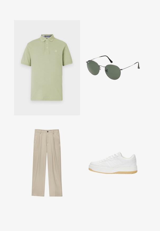Világoszöld pólóing, collos nyakkal, három gombbal, és egy kis hímzett logóval; a belső nyak részét kockás minta díszíti.; Beige egyenes szárú nadrág, egy fekete gombbal, övhurkokkal és oldalzsebekkel. Sima szövettextúra és minimális design.; Fehér bőr sneaker, texturált felülettel, gumitalppal, fűzős kialakítással és diszkrét csíkozással az oldalakon.; Fémkeretes napszemüveg ovális zöld lencsékkel. Vékony ezüst színű fémkeret és fekete fülrész. Minimalista dizájn, látható logók nélkül.
