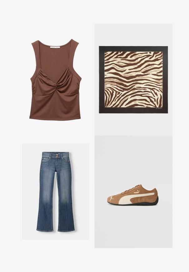 Hnedý top bez rukávov vyrobený z elastického materiálu, s detailom zkrúteného predného dielu, nahrnutými bočnými akcentmi a zaobleným výstrihom.; Džínsy s rozšírenými nohavicami v stredne modrej farbe so svetlým umytím. Majú dve predné vrecká, dve zadné vrecká a zapínanie na gombíky v páse.; Hnedé semišové nízke tenisky s krémovými akcentmi, textúrovaným povrchom, čiernou gumovou podrážkou a vyšitým logom na strane a jazyku.; Hnedo-krémový koberec so vzorom zebry s textúrovaným povrchom, orámovaný pevným čiernym rámom. Obsahuje vlnité, organické línie po celom dizajne.