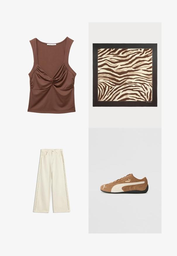 Brown sleeveless top made of stretchy fabric, featuring a twisted front detail, gathered side accents, and a rounded neckline.; Light cream wide-leg jeans featuring metal stud accents along the outer seams, five pockets, and a standard button fly closure.; Brown suede low-top sneaker with cream accents, textured surface, black rubber sole, and embroidered logo on the side and tongue.; Brown and cream zebra print rug with a textured surface, bordered by a solid black frame. Features wavy, organic lines throughout the design.; Brown suede handbag with long fringe details, a curved shape, and a single shoulder strap. Features a smooth, textured surface.