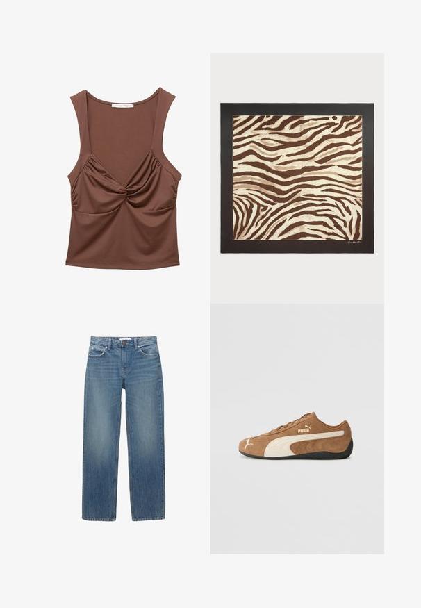 Ruskea hihaton paita, joka on valmistettu joustavasta kankaasta. Siinä on kierretty etutie, ryppyisiä sivuyksityiskohtia ja pyöreä pääntie.; Vaaleansiniset farkut suoran leikkauksen, viiden taskun ja kuparinväristen yksityiskohtien kanssa. Kankaassa on hieman haalistumista ja sileä pinta.; Ruskean nahkaiset alhaiset tennarit, joissa on kerma valkoisia yksityiskohtia, teksturoitu pinta, musta kumipohja ja brodeerattu logo sivulla ja kielessä.; Ruskea ja kerma zebra-kuosisuoja, jossa on teksturoitu pinta, kehystetty mustalla reunuksella. Suunnittelussa on aaltoilevia, orgaanisia viivoja.; Ruskea nahkainen olkalaukku, jossa on rakenteellinen muotoilu, ja jossa on magneettinen läppäkiinnitys sekä metallinen logo korostus edessä.