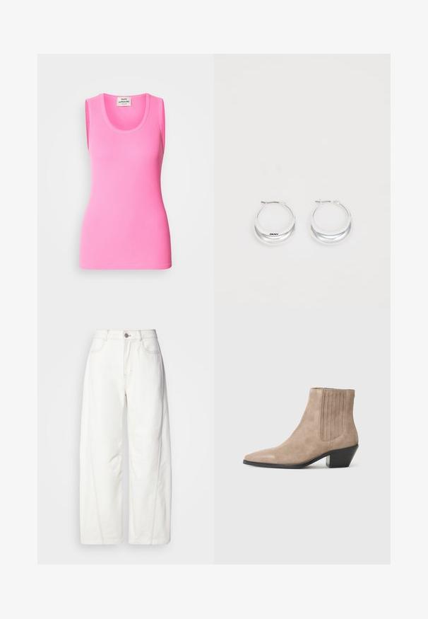 Roosa varrukateta t-särk ribitud kangast, ringikujulise kaelusega ja üle keha istuva disainiga. Kaeluses silt, millel on nähtav kaubamärk.; Valge laia säärega teksapüksid, valmistatud denimist, millel on nähtav õmblus. Omavad nupplukku ja kergelt textuuri. Ees on taskud.; Beez suéde säärised jalaotsaga, millel on terav varvas ja vormitud konts, külgedel vertikaalsed õmblustooted.; Hõbedased rõngastekäevõrud poleeritud viimistlusega ja DKNY brändimisega, esitatud lihtsa valge tausta ees.