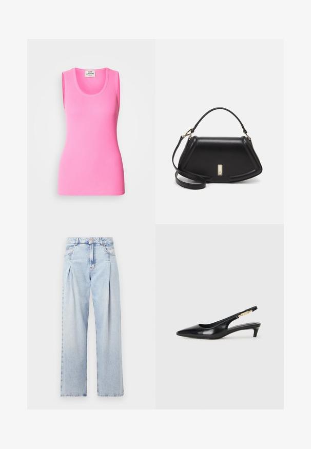 Top sin mangas de color rosa en tela acanalada, con un escote redondo y un diseño ajustado. Etiqueta en el cuello con el nombre de la marca visible.; Jeans de mezclilla azul claros con cintura alta, corte de pierna ancha, dos bolsillos laterales y un diseño plisado. Textura suave con un acabado deslavado.; Tacones negros de piel sintética tipo slingback con punta afilada, que cuentan con un tacón delgado y un detalle en tono dorado en la correa ajustable. Textura suave.; Bolso de mano de cuero negro con un diseño estructurado, que presenta una forma recortada, asa superior y acentos en dorado. Correa de hombro ajustable incluida.