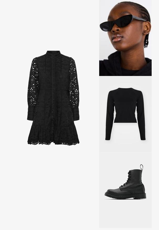 Melns ilgstoša piedurkņu apgrieztais tops ar apaļu apkakli un raglan piedurknēm. Gluda tekstūra, minimālista dizains un bez redzamām rakstām vai detaļām.; Melna izšūta kleita ar augstu apkakli, pogu priekšējo daļu, garām piedurknēm un viļņotu apakšmalu. Satur izgriezumus ar ziedu un ģeometriskām rakstām.; Melnas ādas kaujas zābaki ar apaļu purngalu, auklām priekšā un cilpu potītes daļā. Iespējojums ir biezs gumijas zolei, kas nodrošina izturību.; Melnas kaķa acs saulesbrilles ar matētu apdari, kas izceļas ar elegantu dizainu un maigi izliektiem stūriem, fona attēlā ir modelis ar tumšām drēbēm.; Sudraba riņķveida auss gredzeni ar gludu, pulētu apdari. Apaļa forma un drošs klikšķa augšējais slēgums. Viegls dizains, kas piemērots ikdienas valkāšanai.