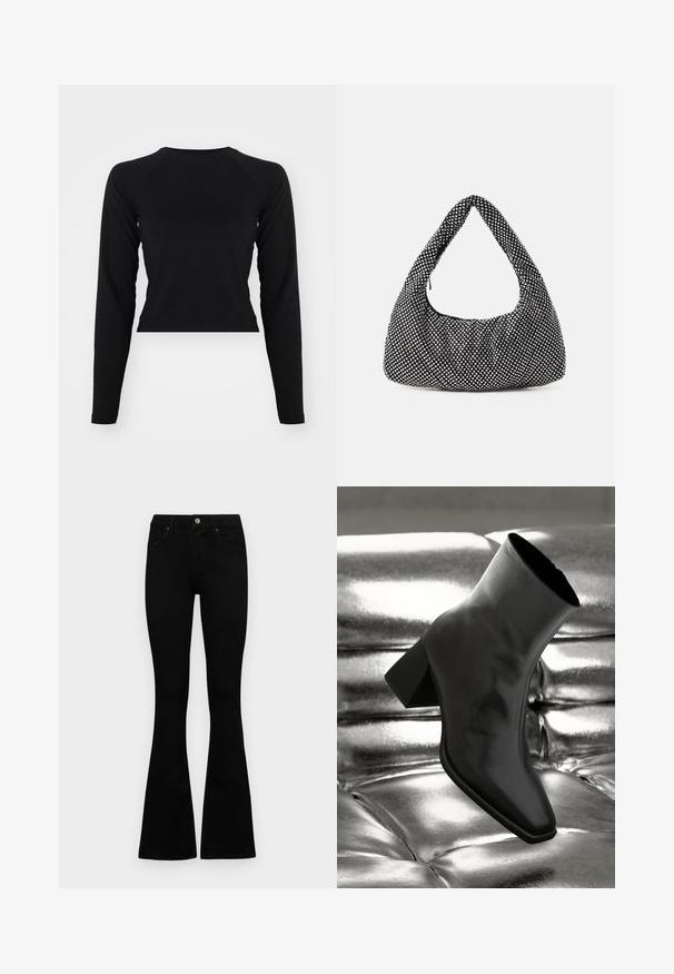 Schwarzes, langärmeliges Crop-Top mit rundem Halsausschnitt und Raglanärmel. Glatte Textur, minimalistisches Design und keine sichtbaren Muster oder Beschläge.; Schwarze hochtaillierte Jeans mit einem Knopf- und Reißverschluss, Fronttaschen und ausgestellten Beinen, flach auf einem weißen Hintergrund ausgelegt.; Schwarzer Knöchelstiefel aus glänzendem Material mit quadratischer Zehenform und verjüngtem Absatz, vor einem glänzenden silbernen gepolsterten Hintergrund.; Schwarze Tasche mit einer geschwungenen Hobo-Form, strukturiertem Stoff und silbernen Nieten. Einzelner Tragegriff, Reißverschluss und weiche Silhouette.