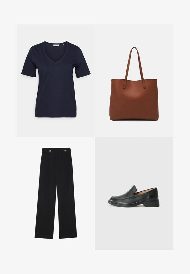 Temno modra V-izrez majica s kratkimi rokavi, izdelana iz mehkega bombažnega materiala. Ima osnovno obliko in droben oznako blagovne znamke na strani.; Črne široke hlače s visokim pasom, gumbnimi detajli na pasu in sprednjimi gubami.; Črne usnjene loafer cevi z nizko peto, z vdelano zasnovo in brez zapiranja, postavljene na enobarvno belo ozadje.; Rjava usnjena torba z gladko teksturo, odprto zasnovo zgoraj in dvema naramnima trakovoma. Opremljena je z minimalnim šivanjem in brez vidnih kovinskih delov.