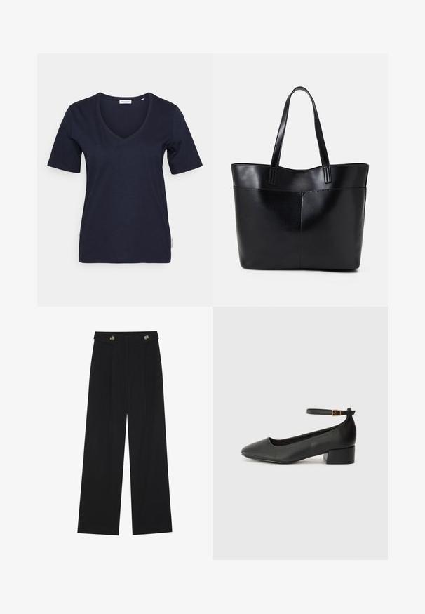 Tumedast sinise V-kaelusega T-särk lühikeste varrukatega, valmistatud pehmest puuvillast materjalist. Omab lihtsat disaini ja väikest brändiembleemi küljes.; Mustad laiad püksid kõrge vöökoha ja nööpdetailidega vööandil, esikortsudega.; Must mustaapp, millel on terav nina ja madal blokk-kand. Omab pahkluu rihma koos kuldse tooni pandlaga. Sile tekstuur.; Must mustaga musta nahast, millel on kaks pikka kanda, sile tekstuur ja struktureeritud kuju. Esipoolsel on lisakoti jaoks tasku.