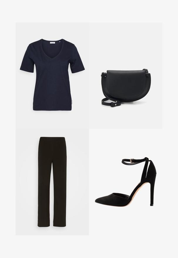 Námornícko modré tričko s výstrihom do V a krátkymi rukávmi, vyrobené z mäkkej bavlny. Obsahuje základný dizajn a malú etiketu značky na boku.; Čierne nohavice s rovnými nohavicami vyrobené z tkaniny, so plochým predkom, dvoma bočnými vreckami a hladkou textúrou. Žiadne viditeľné vzory ani akcenty.; Čierne zamatové lodičky s špicatou špičkou, remienkom okolo členku a stiletto podpätkom. Dizajn sa vyznačuje hladkou textúrou s minimálnymi detailmi.; Čierna kožená kabelka cez telo s zakriveným tvarom, magnetickým uzáverom na klapke, nastaviteľným popruhom a embosovaným logom na prednej strane.; Strieborné kruhové náušnice s minimalistickým dizajnom. Cirkulárny tvar, hladký povrch a tenký profil. Ľahké s lesklým povrchom.