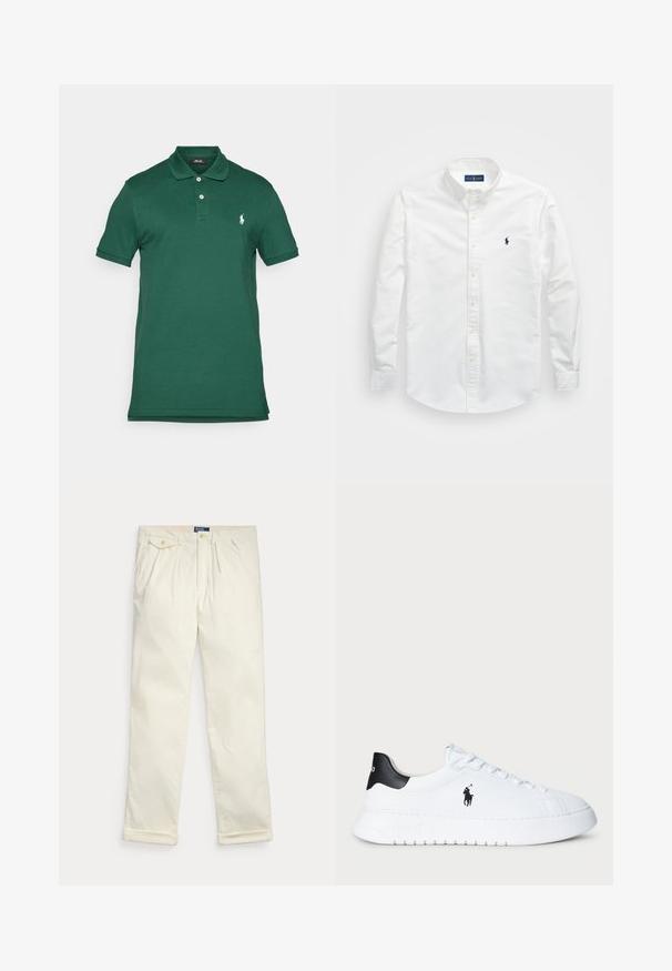Mørkegrønn polo skjorte laget av glatt bomull, med krage, tre knapper og en liten hvit logo på venstre bryst. Korte ermer.; Hvit skjorte med knapper laget av bomull. Har spiss krage, lange ermer og en liten marineblå logo på brystet. Glatt tekstur.; Kremfargede kordfløyelsbukser med folder, sidelommer, knapplomme med klaff og brettede mansjetter, lagt flatt på hvit bakgrunn.; Hvit lavt beskåret sneaker med svart hælflik og svart Polo Ralph Lauren-logo på siden, med hvite lisser og tykk gummisåle.
