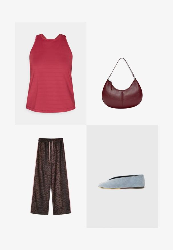 Rød ærmeløs sports top med høj hals og netpaneler på skuldrene, designet til kvinder.; Leopardmønstrede bukser med vide ben i brune og sorte nuancer, med en elastisk talje og lyserøde snore samt lyserøde striber på siden. Glat stofstruktur.; Jeans slip-on sko i lyseblå med en glat overflade, mandelformet tå og en flad sort sål. Minimalistisk design med lav profil.; Bordeaux læderhåndtaske med en buet form. Har en enkelt skulderrem og en lynlåsåbning på toppen, der fremhæver en glat, tekstureret overflade.; Sølvhalskæde med en rund vedhæng med en glat finish, dekoreret med grønne ædelstensakcenter, der danner et smilende ansigt.