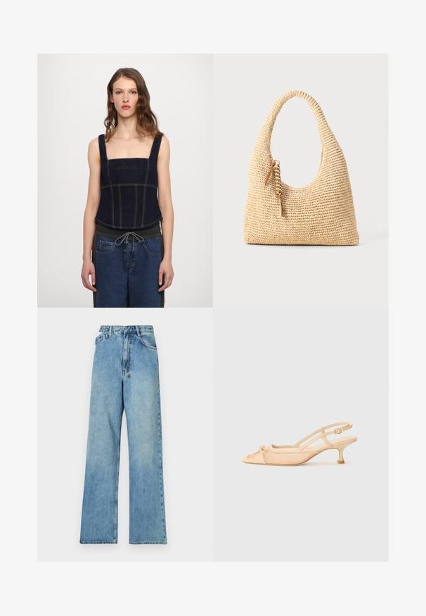 Temno modra denim majica skrajšana z širokimi naramnicami, kvadratnim izrezom in osrednjim logotipom. Kontrastni šivi poudarjajo detajle panela.; Svijetloplavi traper široki traperice s srednjim pojasom, pet džepova i zatvaranjem na gumb s metalnim hardverom te izblijedjelim finishem.; Stuart Weitzman KITTY - Klasične pete - beige/barely beige; Tkanirana bež torba z ukrivljenim ročajem, teksturirano površino in rjavim detajlom s pomponom. Ima ohlapen, hobo obliko.