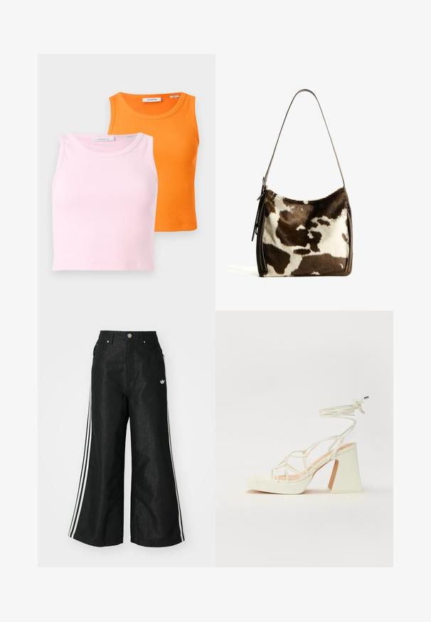 Dve rebrované tielka: jedno svetloružové a druhé jasne oranžové. Obe majú okrúhly výstrih a priliehavý strih.; Čierne džínsy s širokým strihom, s tromi bielymi pruhmi po stranách a malým bielym logom. Obsahujú predné vrecká a zapínanie na gombík.; Biele sandále na vysokom opätku s hrubým podpätkom, s pruhovaným dizajnom a viazaním na členku. Hladký povrch s platformou vpredu pre zvýšenú výšku.; Hnedo-krémová kravská koža cez plece s hladkým koženým remienkom, zipsovým uzáverom a mäkkým, textúrovaným povrchom s prírodným vzorom.
