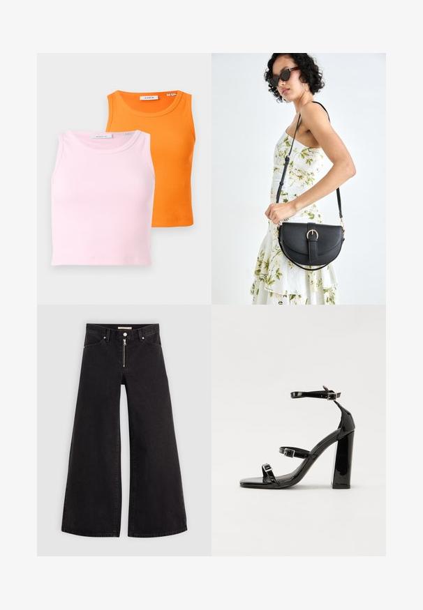 Dvě žebrované tílka: jedno v světle růžové a jedno v jasně oranžové barvě. Obě mají kulatý výstřih a přiléhavý střih.; Džíny s širokými nohavicemi v černém denimovém provedení se zipem vpředu, pěti kapsami a jemnými švy. Hladká textura a ležérní styl.; Černé lakované sandály na vysokém podpatku se dvěma pásky se sponami, čtvercovou špičkou a robustním blokovým podpatkem, s hladkou, lesklou texturou.; Černá kožená kabelka s křivkovým tvarem, odnímatelným popruhem a zlatými detaily. Kabelka má klopu s přezkou.