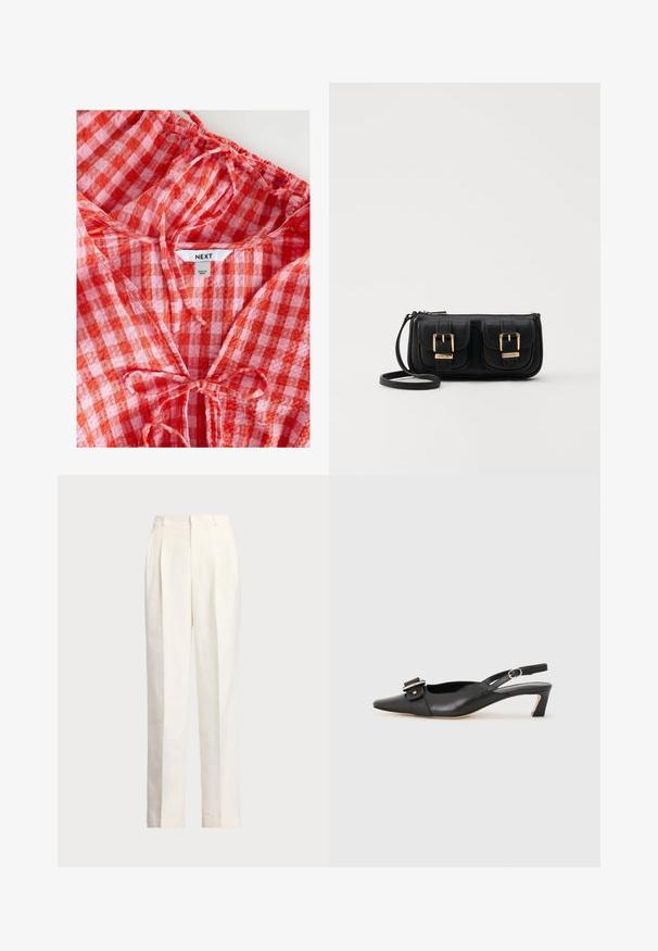 Červená a ružová károvaná blúzka so zberaným výstrihom a detailom na viazanie. Vyrobená z ľahkej tkaniny, obsahuje značku "NEXT" vo vnútri.; Polo Ralph Lauren HEMP WIDE LEG PANT - Nohavice - nevis; Čierne kožené sandále s úzkym prstom, malým opätkom a dekoratívnou sponou na vrchnej časti. Hladká textúra, minimalistický dizajn.; Čierna kožená crossbody taška s dvoma prednými vreckami, zlatými sponami, zipsovým uzatváraním a úzkym popruhom. Štruktúrovaný povrch a kompaktný obdĺžnikový tvar.