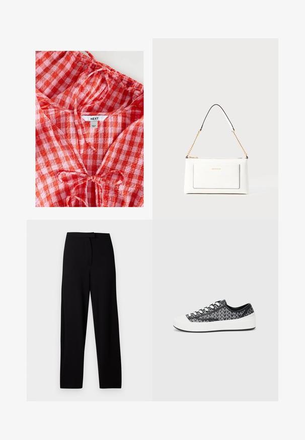 Rot- und rosa kariertes Blusenshirt mit gerafftem Ausschnitt und Bindedetail. Hergestellt aus leichtem Stoff, mit einem "NEXT"-Etikett innen.; Schwarze weit geschnittene Hosen aus weichem, elastischem Stoff. Mit einem glatten Bund und ohne sichtbare Nähte oder Taschen. Einfaches und vielseitiges Design.; Schwarze und graue gemusterte Sneakers mit einer weißen Gummi-Zehenkappe, die ein Schnürdesign und strukturierte schwarze Akzente an den Seiten aufweisen.; Weißes Lederhandtasche mit strukturierter Oberfläche, ausgestattet mit einem goldenen Kettenriemen und schwarzen Akzenten. Enthält eine Fronttasche und einen Reißverschluss.