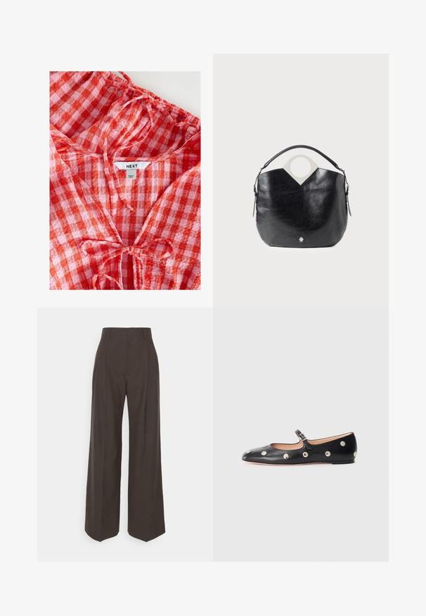 Rood en roze geblokte blouse met een geplooide halslijn en strikdetail. Gemaakt van lichtgewicht stof, met een "NEXT" label aan de binnenkant.; Donkerbruine wijde broek met een hoge taille, voorzien van strak geplooide plooien, een zachte textuur en een op maat gemaakte pasvorm.; Zwarte leren Mary Jane ballerina met een ronde neus, voorzien van zilveren ronde studs en een verstelbaar bandje met een gesp.; Zwarte leren tas met een gebogen vorm, ronde handgreep aan de bovenkant en zilver logo detail. Gladde textuur en opvallend uitgesneden ontwerp.