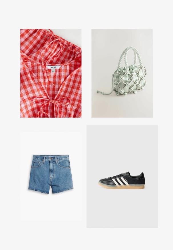 Raudona ir rožinė langeline palaidinė su raukšlėta kaklo linija ir kaklo raiščiu. Pagaminta iš lengvos medžiagos, viduje yra "NEXT" etiketė.; Šviesiai mėlyni džinsiniai šortai, turintys penkis kišenes, užtrauktuko užsegimą ir mygtuko uždarymą. Apačia yra nusidėvėjusi, o dizainas yra laisvo pjūvio.; Juodos sportinės kedai su baltais dryžiais, tekstūruota medžiaga, lygus odinis priekinis krepšys ir guminis padas. Prietaisas su logotipu ant liežuvio.; Next Rankinė - blue