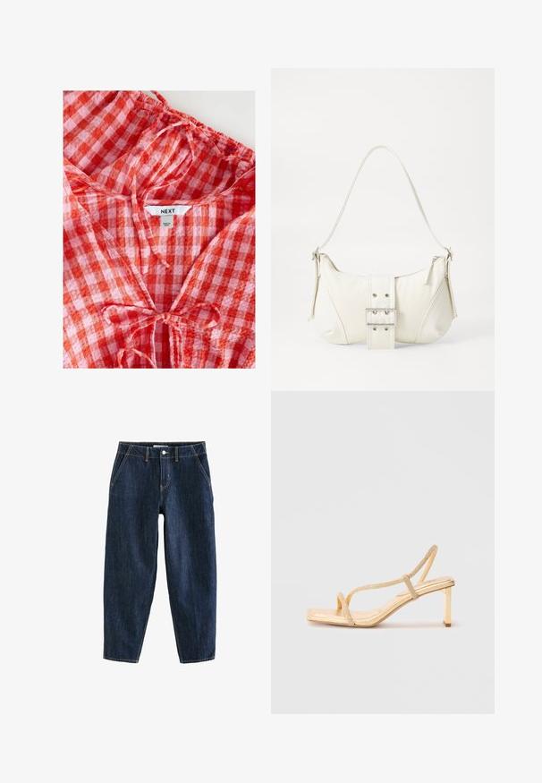 Punainen ja vaaleanpunainen ruudullinen paita, jossa on gathered-kaula-aukko ja solmuseikka. Valmistettu kevyestä kankaasta, sisällä on "NEXT"-tagi.; Tummansiniset farkut, joissa on tilava malli, viisi taskua, vyölenkit ja kontrastivärinen keltainen ompelu. Siisti,Texturoitu kangas.; Kultaiset korkokenkä sandaalit, joissa on koristellut nauhat, neliön muotoinen kärki ja ohut lohkokorko vakauden takaamiseksi.; Valkoinen olkalaukku, jossa on teksturoitu pinta, keskeinen solkiyksityiskohta ja kaareva muoto. Vetoketjusulkimet kummallakin puolella.