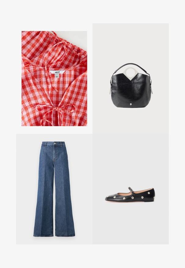 Blusa a cuadros rojos y rosas con escote fruncido y detalle de lazo. Hecha de tejido ligero, cuenta con una etiqueta "NEXT" en el interior.; Jeans de mezclilla azul de pierna ancha con cintura alta, que cuentan con un estilo clásico de cinco bolsillos y un cierre de botón, confeccionados en tela de algodón texturizado.; Zapato plano tipo Mary Jane de cuero negro con punta redonda, adornado con tachuelas circulares plateadas y una correa ajustable con hebilla.; Bolso de cuero negro con forma curva, asa redonda en la parte superior y detalle de logo plateado. Textura suave y destacada característica de diseño con recortes.