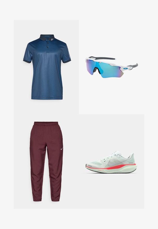 Polo majica tamnoplave boje sa geometrijskim uzorkom, kratkim rukavima i tamnim ovratnikom. Ojačana logotipom na ovratniku i rukavu.; Bordo Nike trenirka s elastičnim pojasom, suženim nogavicama i srebrnim logom. Izrađena od laganog materijala, s glatkom teksturom i bez uzoraka.; Svijetlozeleni Nike tenisice za trčanje s mrežastim gornjim dijelom, featuring ružičastu i bijelu potplat, prikazujući elegantan, moderni dizajn.; Naočale za sunce s bijelim okvirom, sivo-zlatnim detaljima i plavim zrcalnim lećama. Sportski dizajn, oblik koji se prilagođava obliku lica i podesive nosne jastučiće.