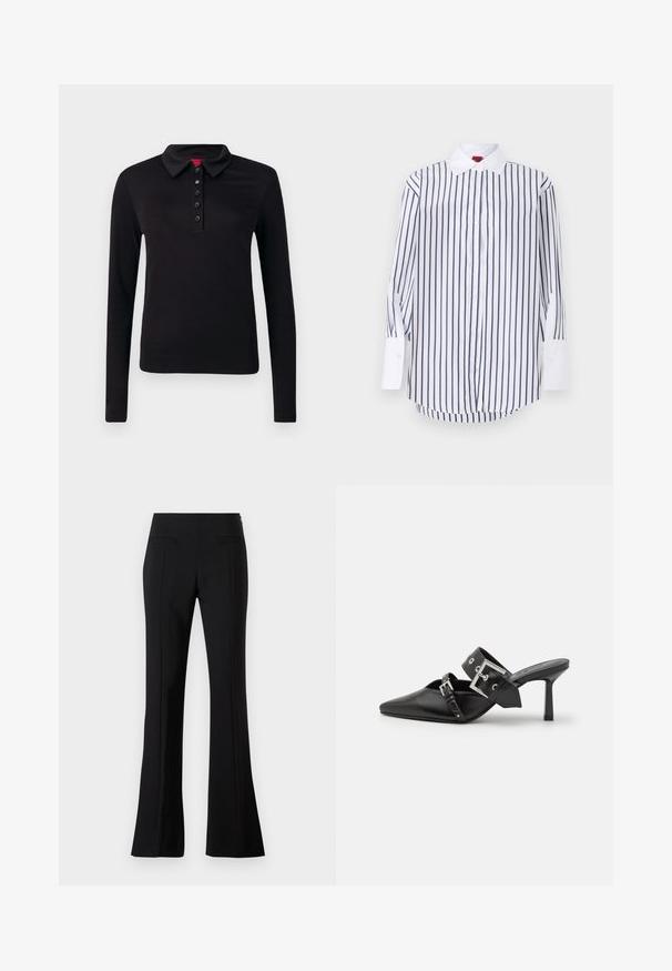 Schwarz, langärmliges Polohemd, aus glattem Stoff, mit Kragen, Sechs-Knopf-Leiste und geradem Saum ohne sichtbare Muster.; Weißes Hemd mit navyblauen vertikalen Streifen, langen Ärmeln mit weißen Manschetten, klassischem Kragen und abgerundetem Saum. Glatte Stofftextur.; Schwarze Schlaghosen aus glattem Stoff mit hoher Taille, ausgestattet mit zwei hinteren Taschen und einer Bügelfalte an der Vorderseite jedes Beins.; Schwarze High-Heel-Mules mit spitzem Zeh aus glattem Leder. Mit einem breiten Knöchelriemen, der eine quadratische silberne Schnalle und Nieten aufweist.
