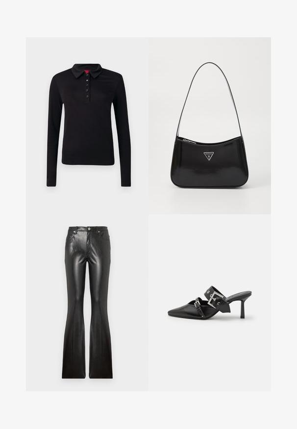 Fekete, hosszú ujjú pólóing, sima anyagból készült, gallérral, hat gombos felső résszel és egyenes szegéllyel, látható minták nélkül.; Fekete bőr szélesített nadrág sima textúrával, öt zsebbel, elülső gombos záródással és a comboknál testhezálló siluettel.; Fekete magassarkú mules, hegyes orral, sima bőrből készült. Széles bokapántja van, négyzet alakú ezüst csattal és szegecsekkel.; Fekete lakkbőr válltáska ívelt formával, ezüst háromszög logóval és cipzáros záródással. Simaság jellemzi és vékony pántja van.