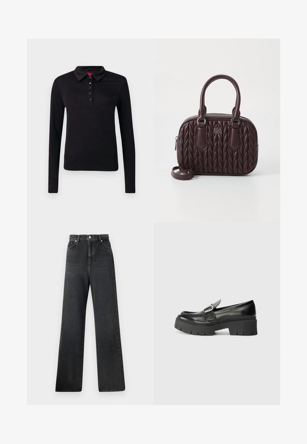 Polo shirt negru cu mânecă lungă, fabricat dintr-un material neted, cu guler, placket cu șase nasturi și margine dreaptă fără modele vizibile.; Blugi negri cu croială largă și talie înaltă, prevăzuți cu închidere cu nasture, cinci buzunare și o estompare subtilă a texturii materialului.; Mocasini negri din piele cu talpă din cauciuc masivă. Prezintă un accent cu cataramă și detalii cusute pe partea superioară. Toc plat.; Geantă de mână din piele burgundă, cu un model capitonat, două mânere superioare și curea detașabilă. Dispune de accesorii din metal argintie și logo embosat.