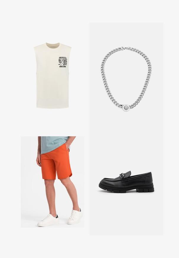 Shiwi SHIWI SUNSHINE weiß; Weißes Langarmhemd aus glattem Stoff mit klassischem Kragen, knöpfen in der Front und abgerundetem Saum. Keine sichtbaren Muster oder Akzente.; Orangene Shorts aus weichem Stoff mit glatter Textur, featuring Seitentaschen und einem abgerundeten Saum, kombiniert mit weißen Sneakern.; Schwarzer Lederloafer mit runder Zehenform, einem dekorativen Riemen und Hardware sowie einer robusten, strukturierten Sohle. Glatte Oberfläche mit dezenten Details.; Silberne Halskette mit dicken Gliedern und einem zentralen runden Anhänger mit filigranen Details. Glatte, reflektierende Metalloberfläche.