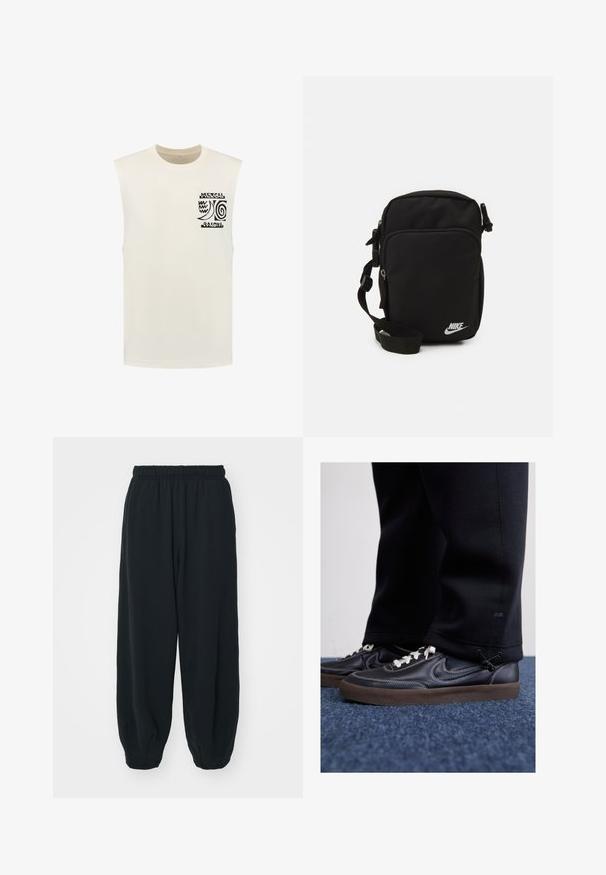 Shiwi SUNSHINE - Tops - jet stream white; Melnas sporta bikses ar elastīgu jostasvietu, brīvu piegriezumu, aprocēm ap potītēm, gludu tekstūru, un bez redzamām rakstu vai aparatūras akcentiem.; Nike Sportswear KILLSHOT 2 LTR PRM OPP2 - Treniņu apavi - black sail baroque brown mtlc dk grey; Melns neilona crossbody soma ar regulējamu siksnu, ar rāvējslēdzējiem nodalījumiem un baltu Nike logo priekšpusē. Gluda tekstūra, taisnstūra forma.