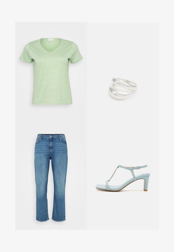 Svetlo zelena, kratko-rokavna majica z V-izrezom, izdelana iz mehkega, rahlo sijočega blaga z enostavnim in čistem dizajnom.; Svijetloplave traperice ravnog kroja, s pet džepova, petljama za pojas i blagim izbljedjivanjem sprijeda.; Svijetloplave sandale s visokom petom i remenom oko gležnja, sa kvadratnim vrhom, koji imaju metalik akcent i glatku, glatku kožnu teksturu.; Srebrn dvojni prstan z gladko, polirano površino. Ima tekoč, ukrivljen dizajn z prekrivajočimi se sekcijami za sodoben videz.