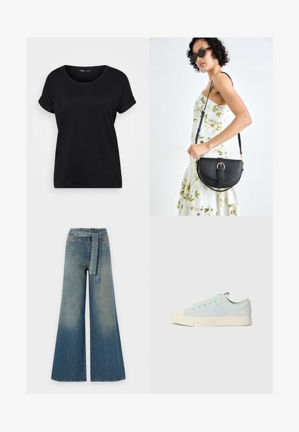 Tricou negru cu mânecă scurtă, fabricat din bumbac moale. Prezintă un decolteu rotund și mâneci răsucite, cu o croială lejeră. Design simplu și versatil.; Pantaloni din denim largi, cu un gradient de la albastru deschis la albastru închis, talie înaltă, bucle pentru curea și o curea din același material. Finisaj texturat din denim.; Adidași din pânză verde mentă deschis cu vârf din cauciuc, logo alb în formă de stea și talpă din cauciuc de culoare crem. Prezintă un design clasic cu șireturi.; Geantă din piele neagră, cu o formă curbată, curea detașabilă și accesorii aurii. Geanta are un capac cu un detaliu tip cataramă.